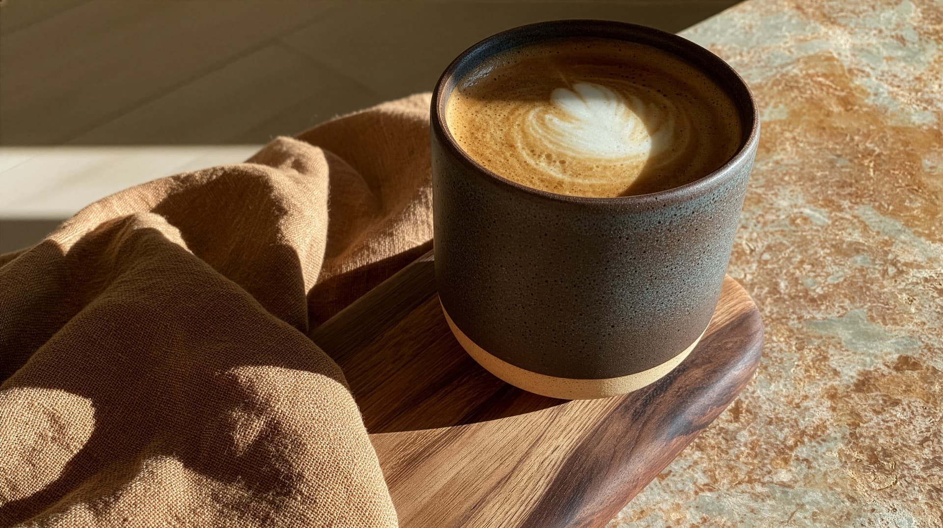 A brewed cup in stoneware on a walnut counter, morning kitchen