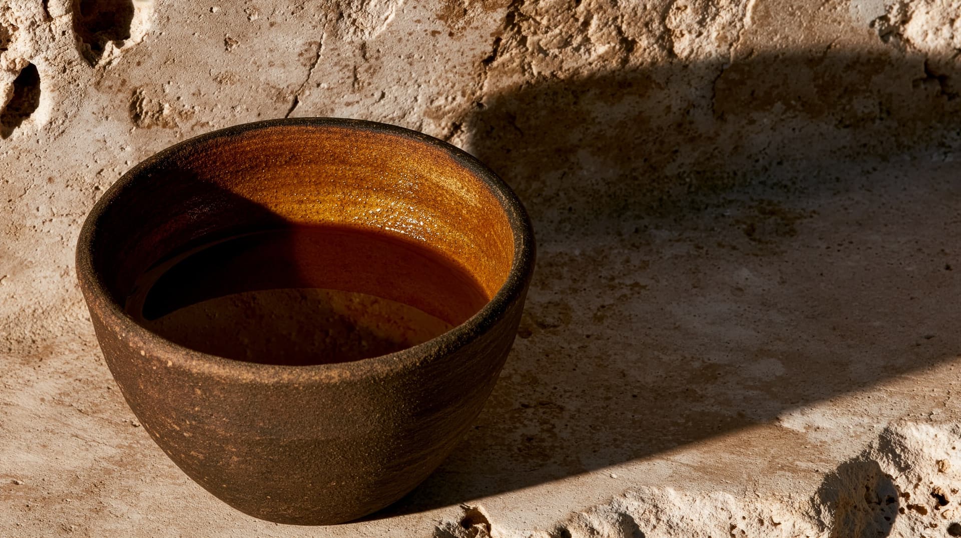 A glazed cup with brewed liquid against a plaster wall